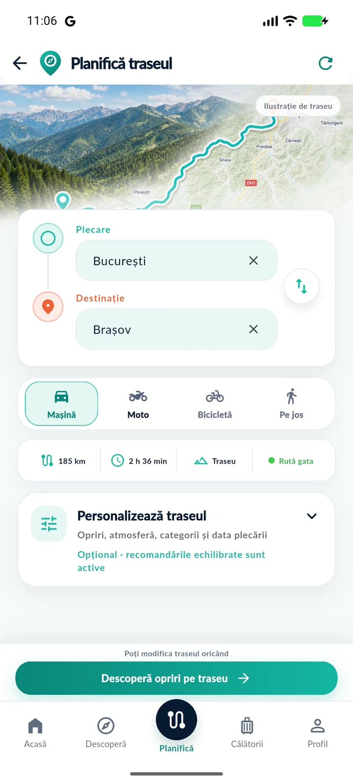 TripVaria: București la Plecare, Brașov la Destinație, Mașină selectată și confirmarea Rută gata.