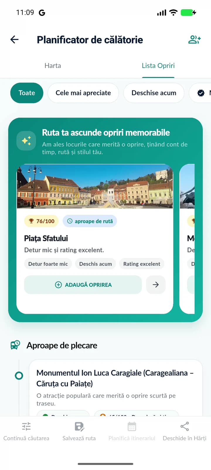 Fila Lista Opriri din TripVaria, cu fișa Piața Sfatului și săgeata care deschide detaliile.