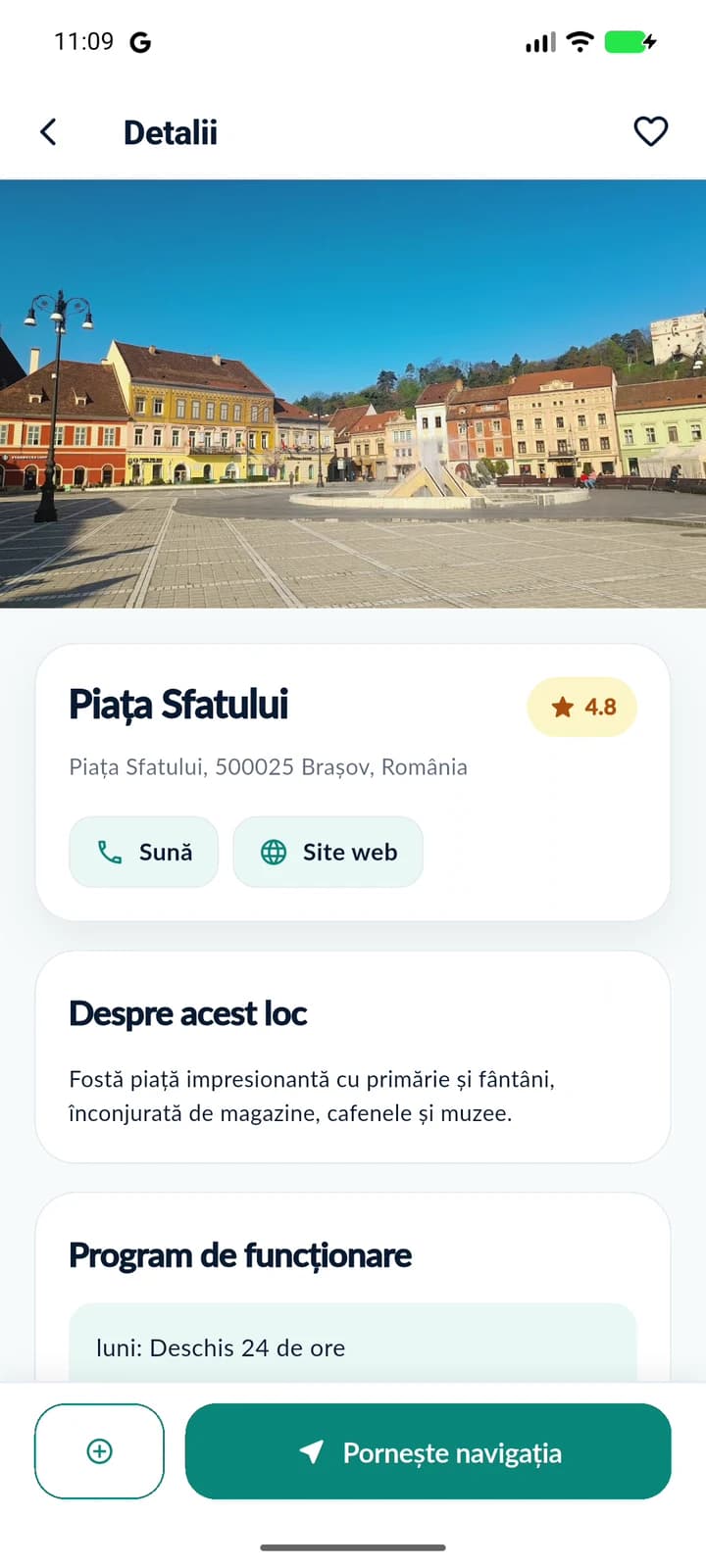 Pagina Detalii pentru Piața Sfatului în TripVaria: fotografie, adresă, descriere și butonul plus de adăugare.