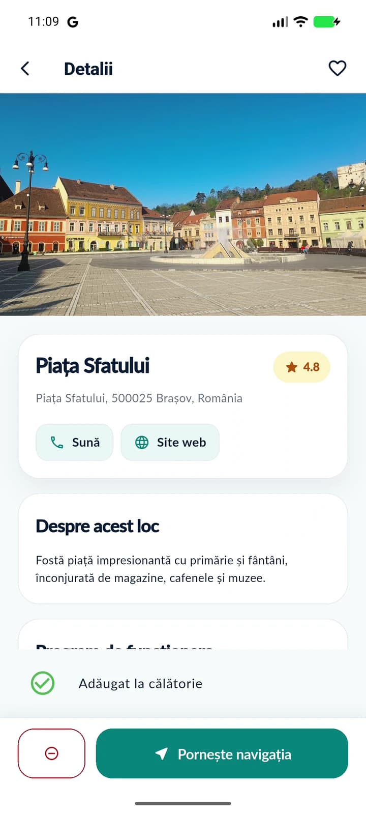 Confirmarea Adăugat la călătorie pentru Piața Sfatului; butonul plus s-a schimbat în minus.
